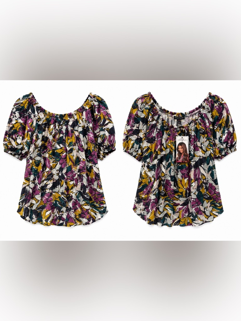 Roselyn Sánchez Floral Peasant Boho Top XL NWT Puff Sleeve Tropical - Picture 2 of 3
